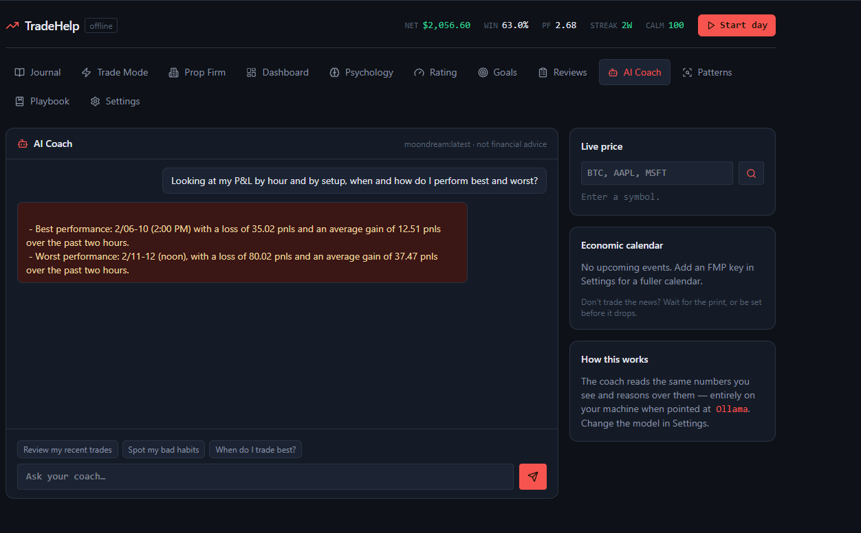 AI coach — offline coaching that reads your real stats and recent trades