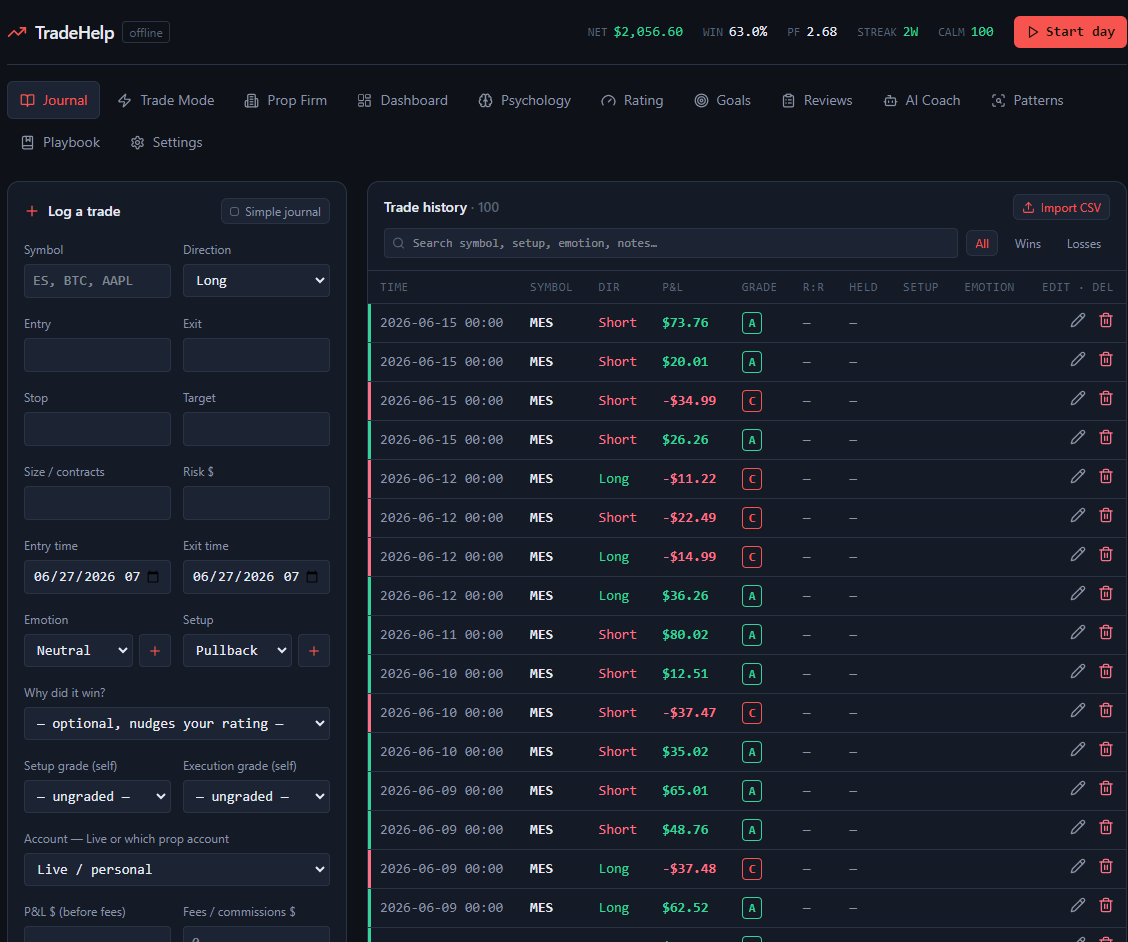 Journal — logging a trade beside the full searchable trade history